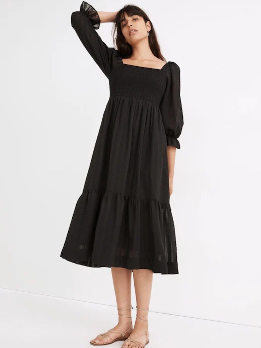 Madewell Classic Black Lucie Elbow Sleeve Smocked Midi Dress Size XXS